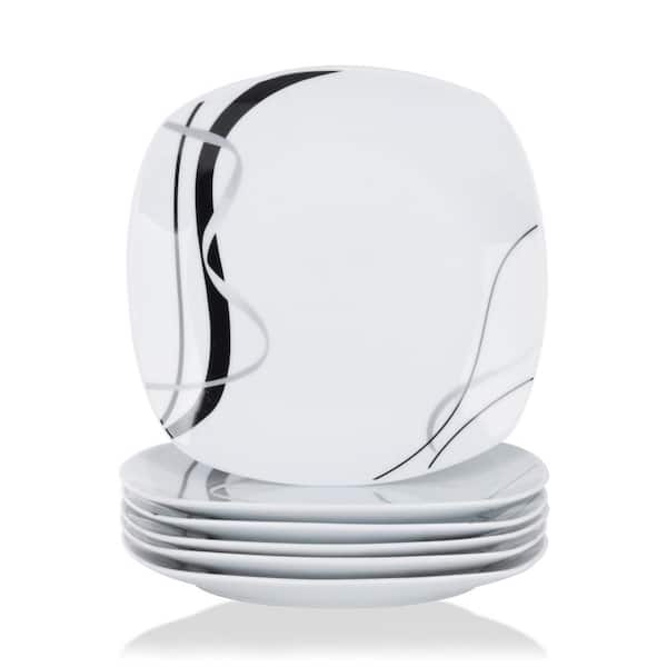 VEWEET Fiona 6-Piece 9.75 in. Dinner Plate Ivory White Porcelain Black Decals Round Plates (Set of 4)