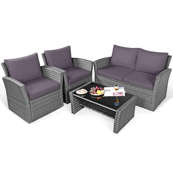 Costway 4-Pieces Wicker Patio Conversation Set Sofa Table with Storage Shelf and Gray Cushion