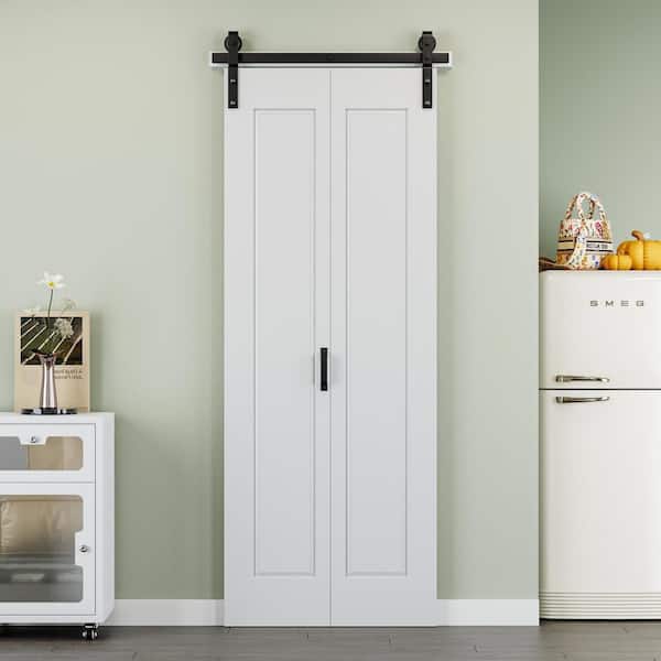 32 in. x 84 in. Paneled 1-Lite White Primed MDF Composite Bi-fold Sliding Barn Door with Hardware Kit and Handle