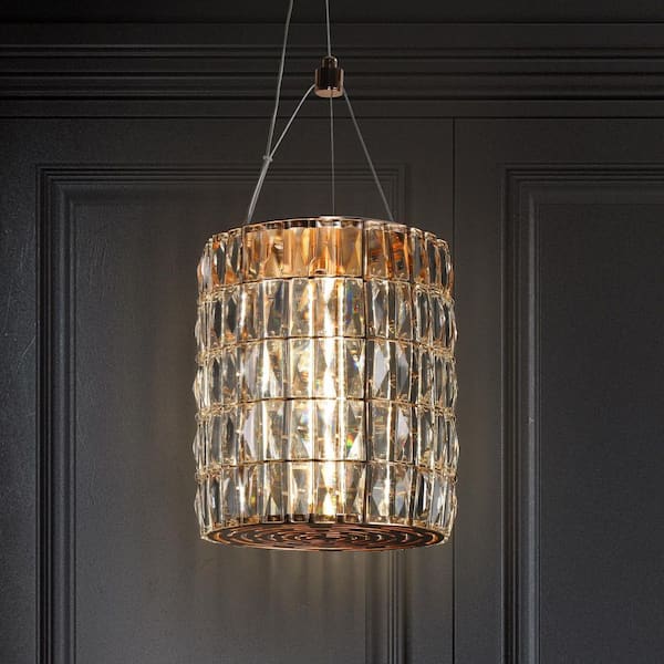 Modern 1-Light Plated Rose Gold Integrated LED Chandelier with Glam Drum Crystal Shade for Foyer