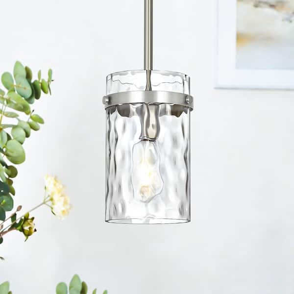 Rayhome 5.9 in. 1-Light Brushed Nickel Adjustable Pendant Light with Hammered Hand-Blown Glass Shade for Kitchen Island