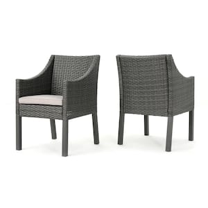 Antibes Grey Arm Faux Rattan Outdoor Patio Dining Chair with Grey Cushions (2-Pack)