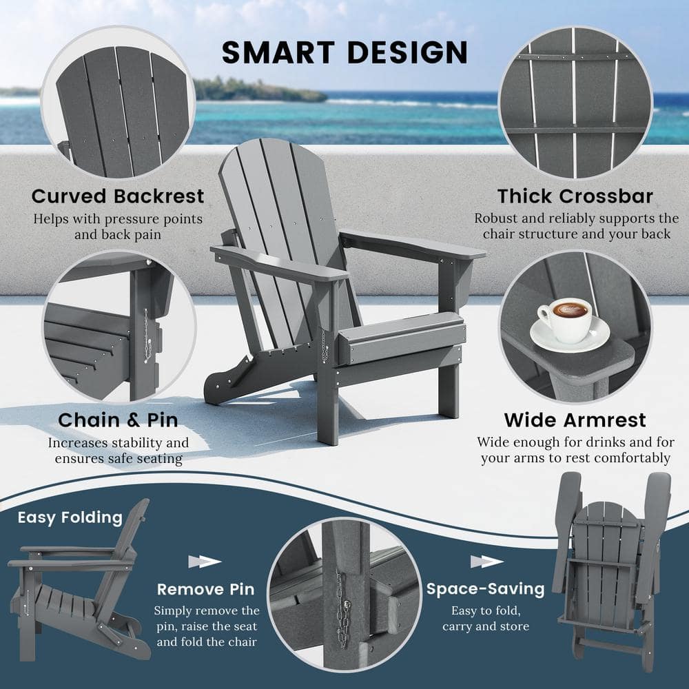 Laguna Fade Resistant Outdoor Patio HDPE Poly Plastic Classic Folding Adirondack Lawn Chair in Gray