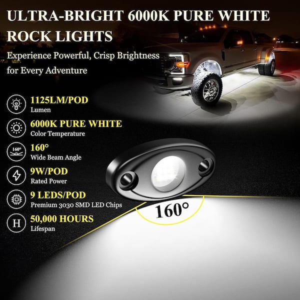 24-Pod Black LED Rock Light Kit, 6000K Wide-Angle IP68 Waterproof Underglow Lights for Trucks, SUVs, UTVs and ATVs