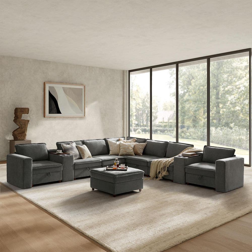 Zareon 144 in. Grey Modern Square Arms 8-Seat Storage Polyester Sectional Sofa With Charging Ports And Solid Wood Legs