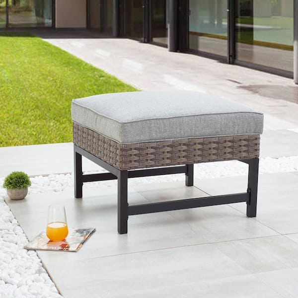 Metal Outdoor Ottoman with Gray Cushion