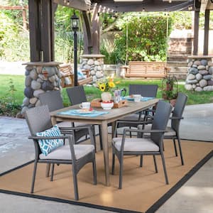 Talbot Gray 7-Piece Wood and Faux Rattan Outdoor Patio Dining Set with Gray Cushions