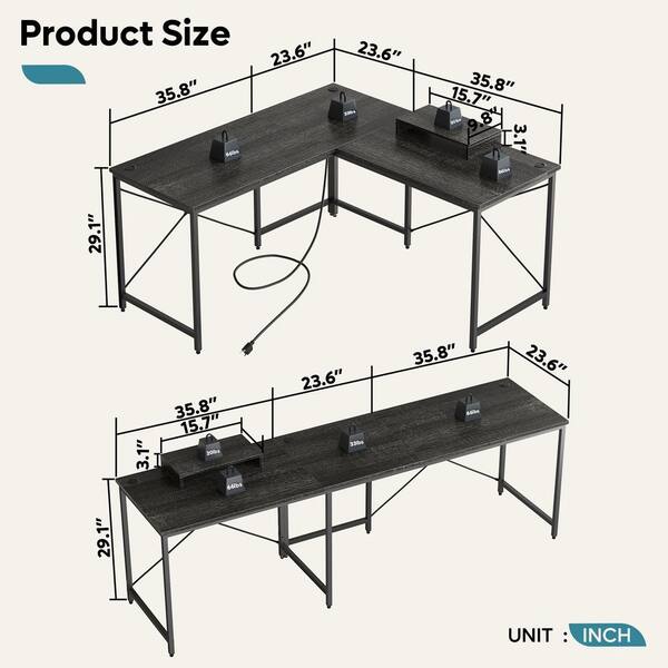 Bestier 59.45 in. Charcoal Black L-Shaped Computer Desk with Power