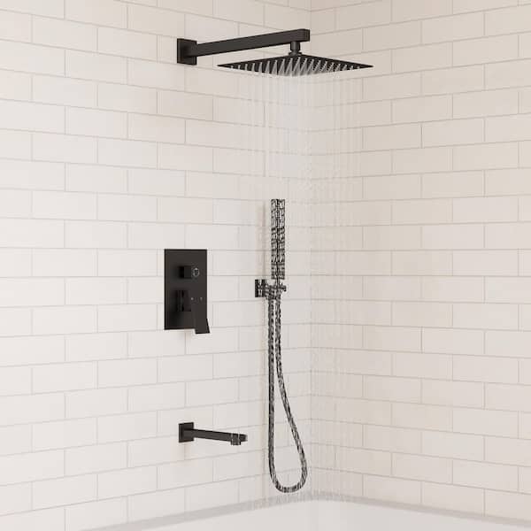 1-Handle 3-Spray Wall Mount Tub and Shower Faucet with 10 in. Rain Shower Head in Matte Black (Valve Included)
