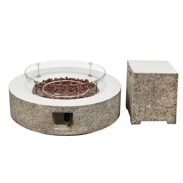 42in. 50000BTU Outdoor Beige Round Magnesium Oxide Fire Pit Table with Glass Cover and Propane Tank Cover