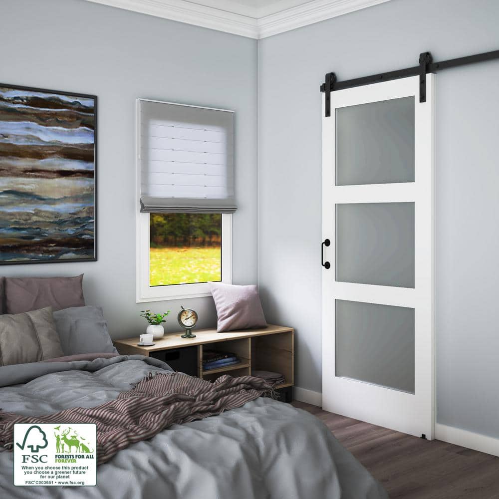 84" x 32" White Solid Pine 3-Lite Frosted Glass Barn Door