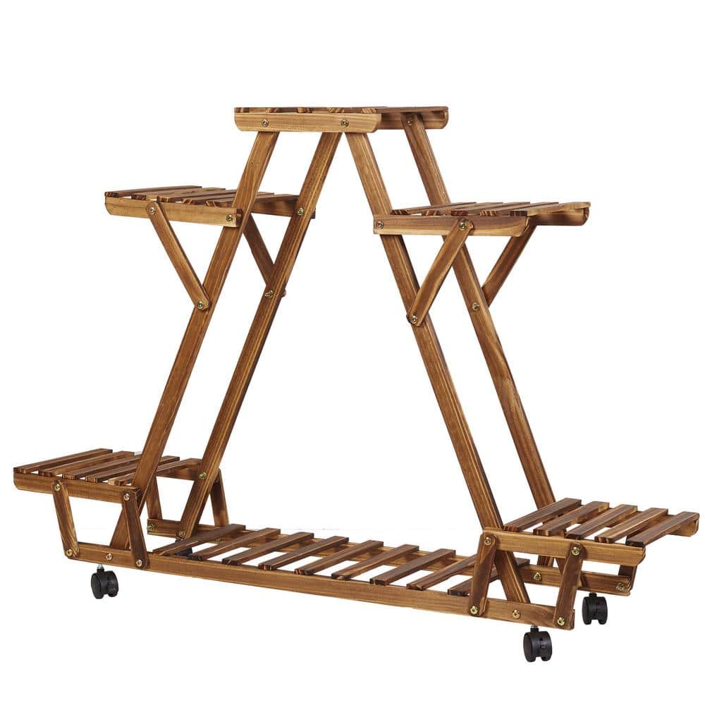 4-Tier Triangular Plant Stand with Wheels 32 in. Wood Shelf Rack 6 Potted D