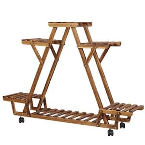 4-Tier Triangular Plant Stand with Wheels 32 in. Wood Shelf Rack 6 Potted Display Shelf Holder for Patio Garden Decor