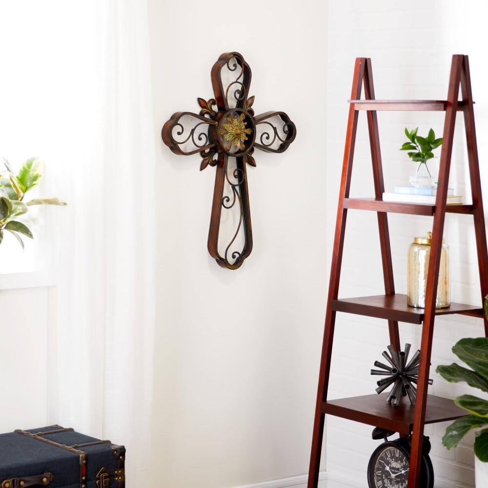 Brown Metal Scroll Cross Wall Sculpture with Floral Center