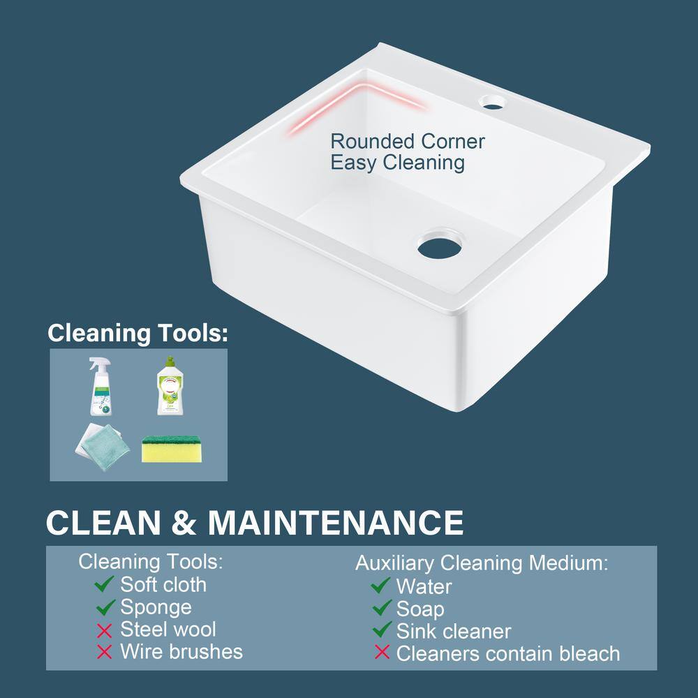 24'' White Fireclay Drop-In Single Bowl Kitchen Sink