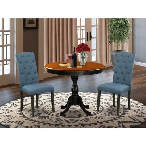 East West Furniture 3-Piece Black and Cherry Finish Solid Wood Top - Button Tufted Dining Room Set - Seats-4