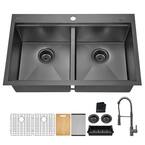 33 in. Gunmetal Black Stainless Steel Double Bowl Dual Mount Workstation Kitchen Sink with Black Spring Neck Faucet