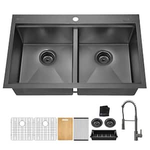 33 in. Gunmetal Black Stainless Steel Double Bowl Dual Mount Workstation Kitchen Sink with Black Spring Neck Faucet