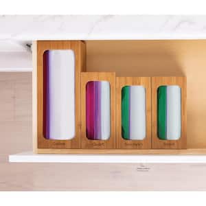 4 Piece Bamboo Kitchen Drawer Storage Organizer Bins for Plastic Bags (Gallon, Quart, Sandwhich, and Snack Sizes)