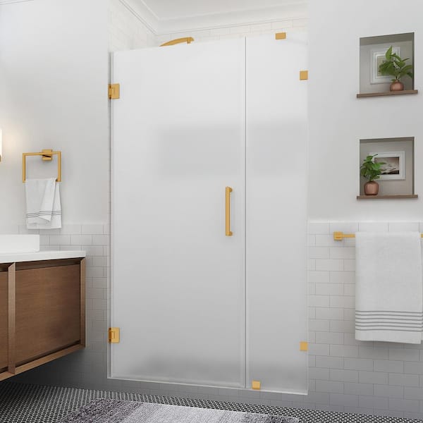 Aston Nautis XL 47.25 - 48.25 in. W x 80 in. H Hinged Frameless Shower Door in Brushed Gold with Ultra-Bright Frosted Glass