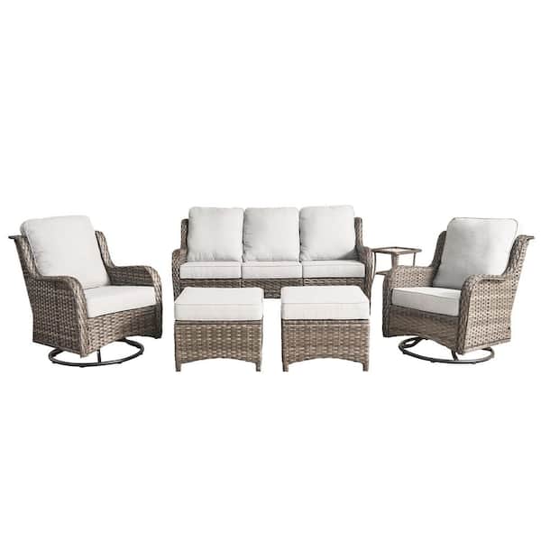 Moonlight Gray 6-Piece Wicker Patio Conversation Seating Sofa Set with Gray Cushions and Swivel Rocking Chairs