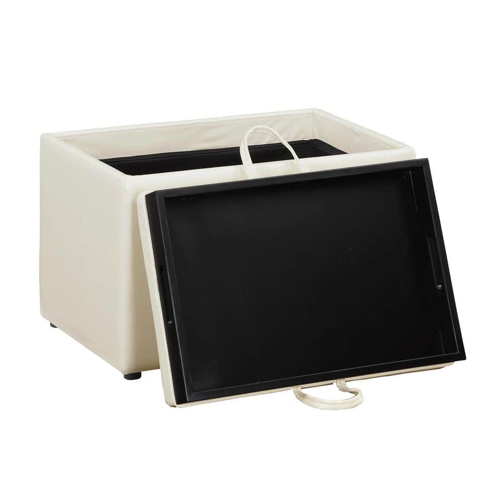 Ivory Faux Leather 23" Multifunctional Storage Ottoman with Reversible Tray