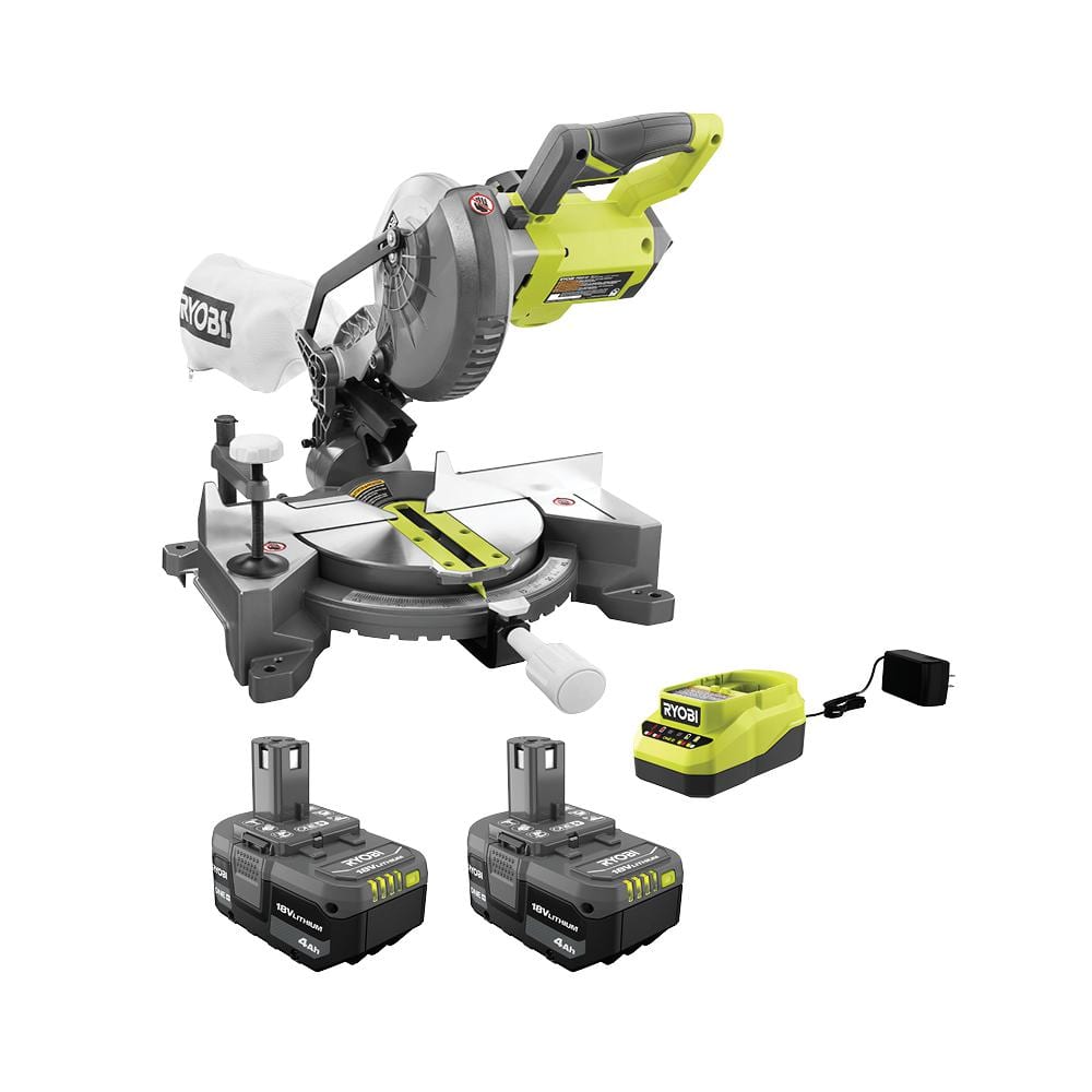 RYOBI ONE+ 18V Cordless 7-1/4 in. Compound Miter Saw with Lithium-Ion 4.0 Ah Battery (2-Pack) and Charger -  P553PSK006