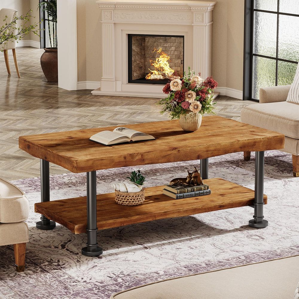 Allan 47.24 in. Rustic Brown & Black Rectangle Solid Wood Coffee Table with 2-Tier Live Edge Shelf & Metal Legs