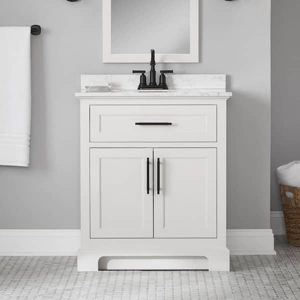 Doveton 30 in. Single Sink Freestanding White Bath Vanity with White Engineered Marble Top (Assembled)
