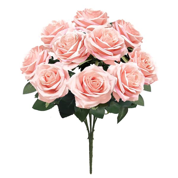 LIVING LUXURY 18 in. Deluxe Blush Pink Artificial Queen Rose Flower Stem Bush Bouquet (Set of 2)