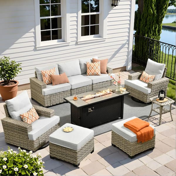 HOOOWOOO Kelleys 9-Piece Wicker Outdoor Patio Fire Pit Conversation Sofa Furniture Set with Swivel Chairs and Light Grey Cushions