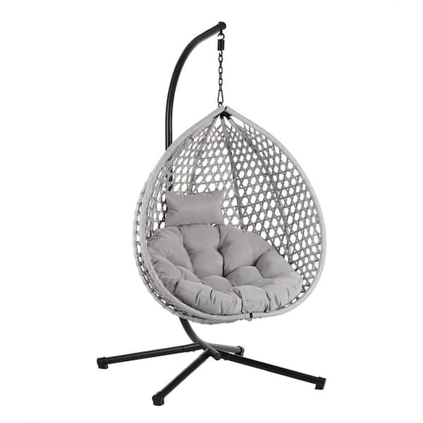 Unbranded Gray Outdoor Patio Hammock Egg Chair with Stand, Wicker Patio Swing Chair with Gray Cushion for Indoor Outdoor
