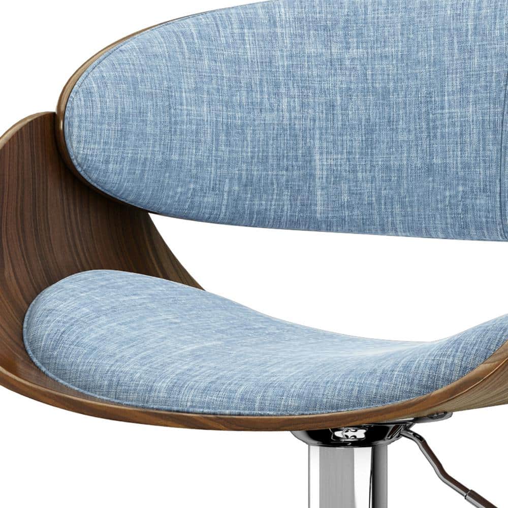 Denim Blue Adjustable Swivel Bar Stool with Walnut Veneer