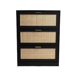 41.3 in. H x 31.5 in. W Natural Rattan 3-Doors Shoe Storage Cabinet in Black