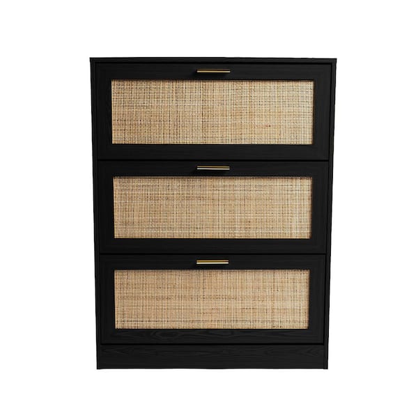 LOFT & LUV 41.3 in. H x 31.5 in. W Natural Rattan 3-Doors Shoe Storage Cabinet in Black