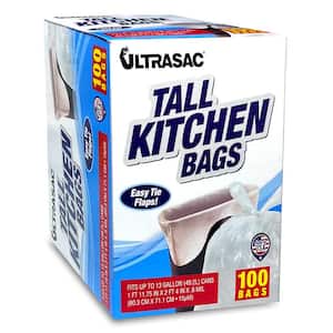 Ultrasac 13 Gal. 0.6 Mil White Tall Kitchen Bags with Flap Tie 24 in. x 28 in. Pack of 100 for Home, Kitchen and Office
