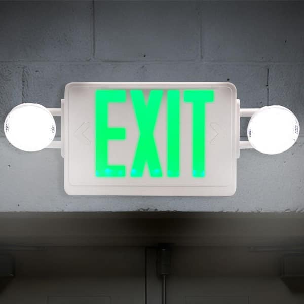 Modern LED Exit and Emergency Combo Light, 2 Adjustable Heads with Green Letters, High Output for Office and Retail