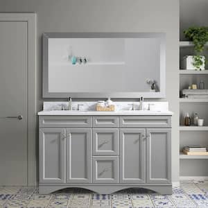 60 in. W x 22 in. D x 35.4 in. H Double Sink Solid Wood Bath Vanity in Gray with White Natural Marble Top and Basin