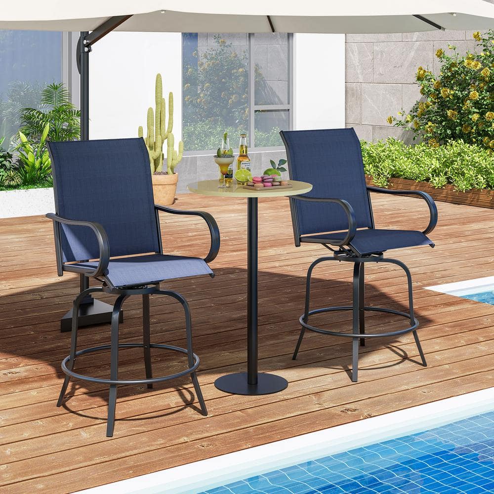 2 Pieces Swivel Metal Outdoor Bar Stool with Armrests, Navy