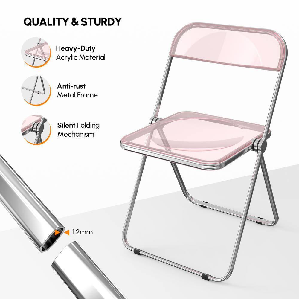 Pink Acrylic Folding Utility Chairs with Metal Frames, Set of 2