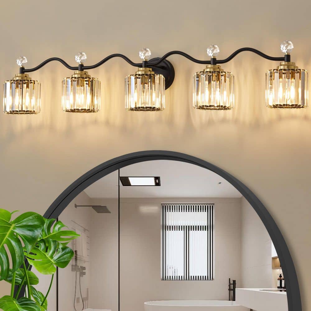 Modern Luxury 44.5 in. 5-Light Black and Gold Vanity Light with Crystal Shade for Bathroom price history on PriceWatchPro