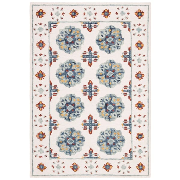 Blossom 4 ft. x 6 ft. Blue/Ivory Geometric Floral Border Area Rug