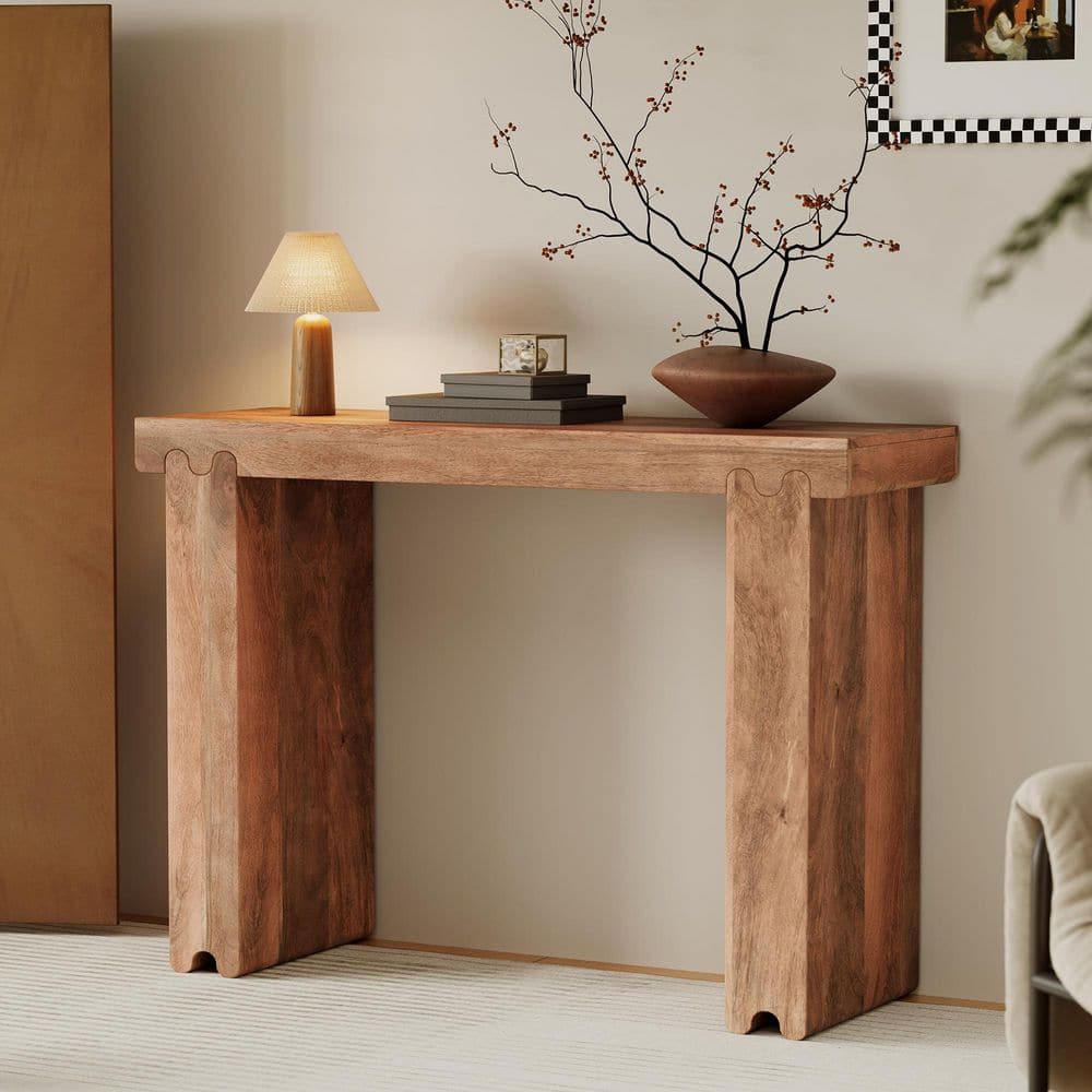 45 in. Honey Rectangle Mango Wood Console Table with Wave-Shaped Connection
