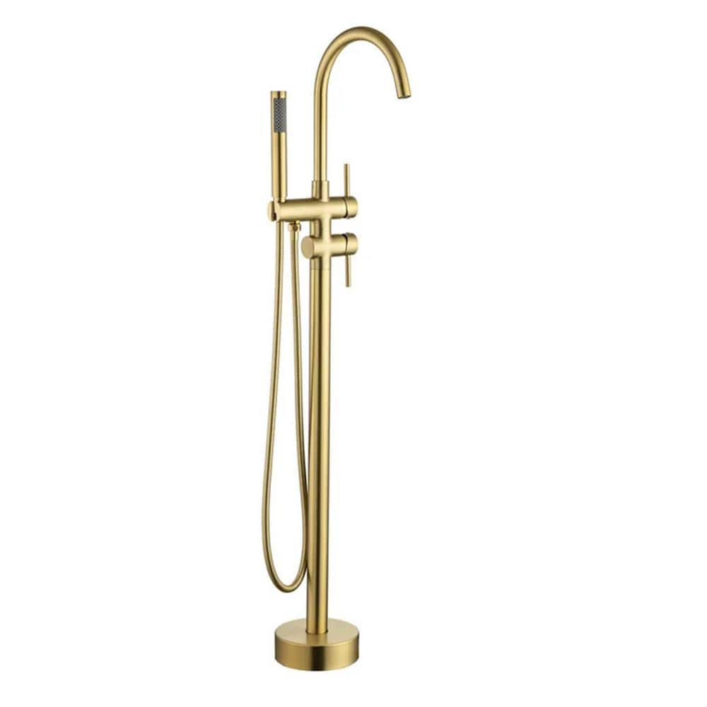 ELLO&ALLO Single Handle Freestanding Floor Mount Tub Faucet Bathtub Filler with Hand Shower in Brushed Gold