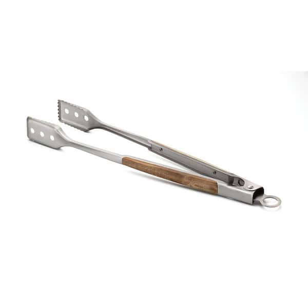 Outset Jackson Acacia Wood Locking Tongs for BBQ Grill, Stainless Steel
