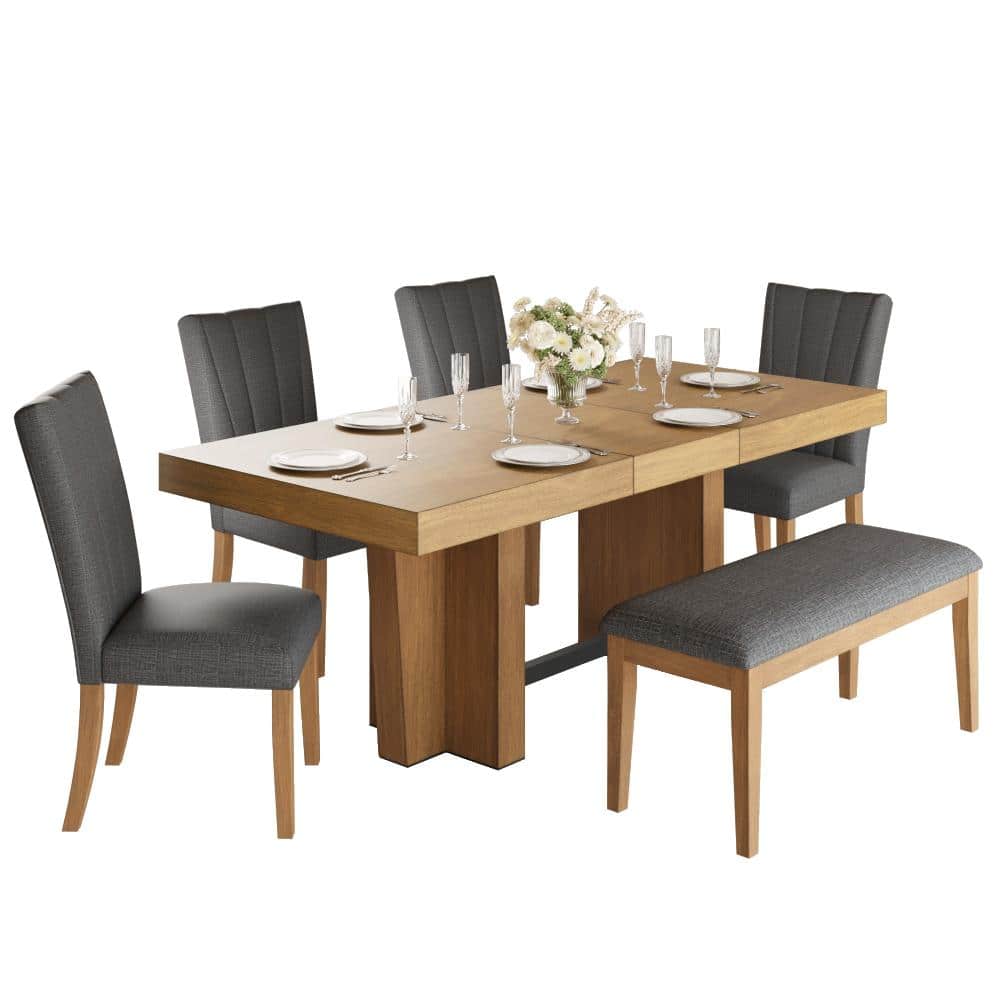7 Piece Rectangular Wood Top Dining Table Set with Bench and 4 Upholstered Chairs, Brown+Gray, Extendable Farmhouse price history on PriceWatchPro