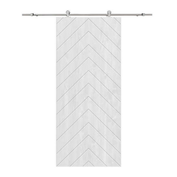 CALHOME Herringbone 42 in. x 80 in. Fully Assembled White Stained Wood Modern Sliding Barn Door with Hardware Kit