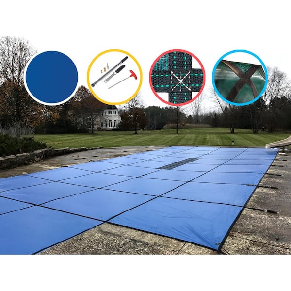 Water Warden 18 ft. x 36 ft. Rectangle Blue Solid In-Ground Safety Pool Cover Center End Step, ASTM F1346 Certified