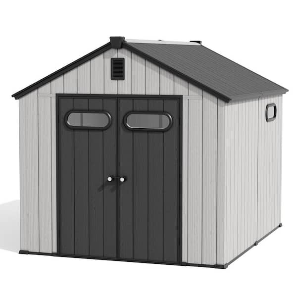 Light Gray 10 ft. x 8 ft. Resin Storage Shed with Floor and Windows All-Weather Plastic Tool Shed 80 sq. ft. for Garden