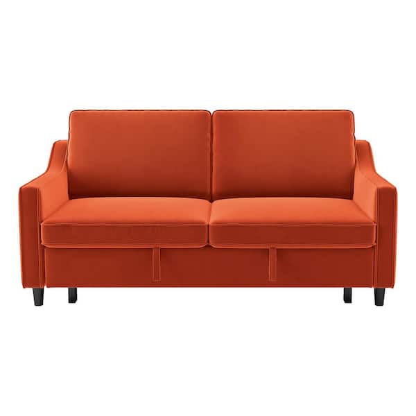 EVERGLADE HOME Metteo 71.5 in. Slope Orange Arm Velvet Upholstered 2-Seater Convertible Straight Studio Sofa with Pull-Out Bed